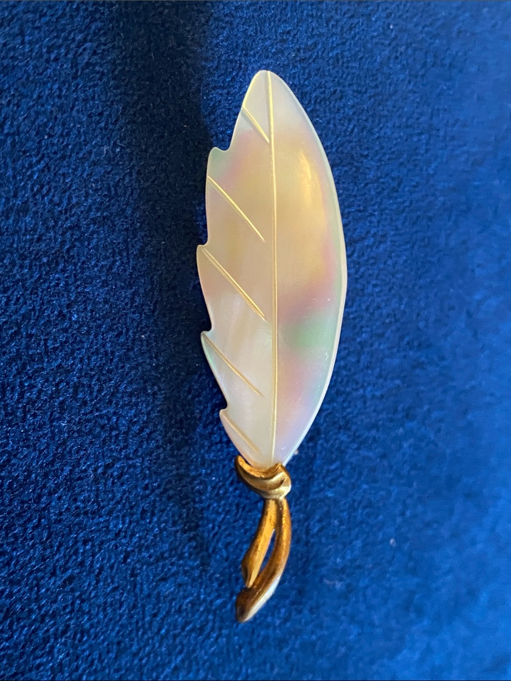 Vintage Mother-of-Pearl Feather or Leaf Brooch Gold-Tone Pin